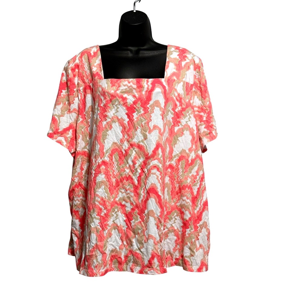 Coral Bay Women Plus 3X Coral Pink Abstract Square Neck Short Sleeve Top
